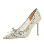 Women's Lace-Decorated Slip-On Pointed-Toe High Heels With Bowknot