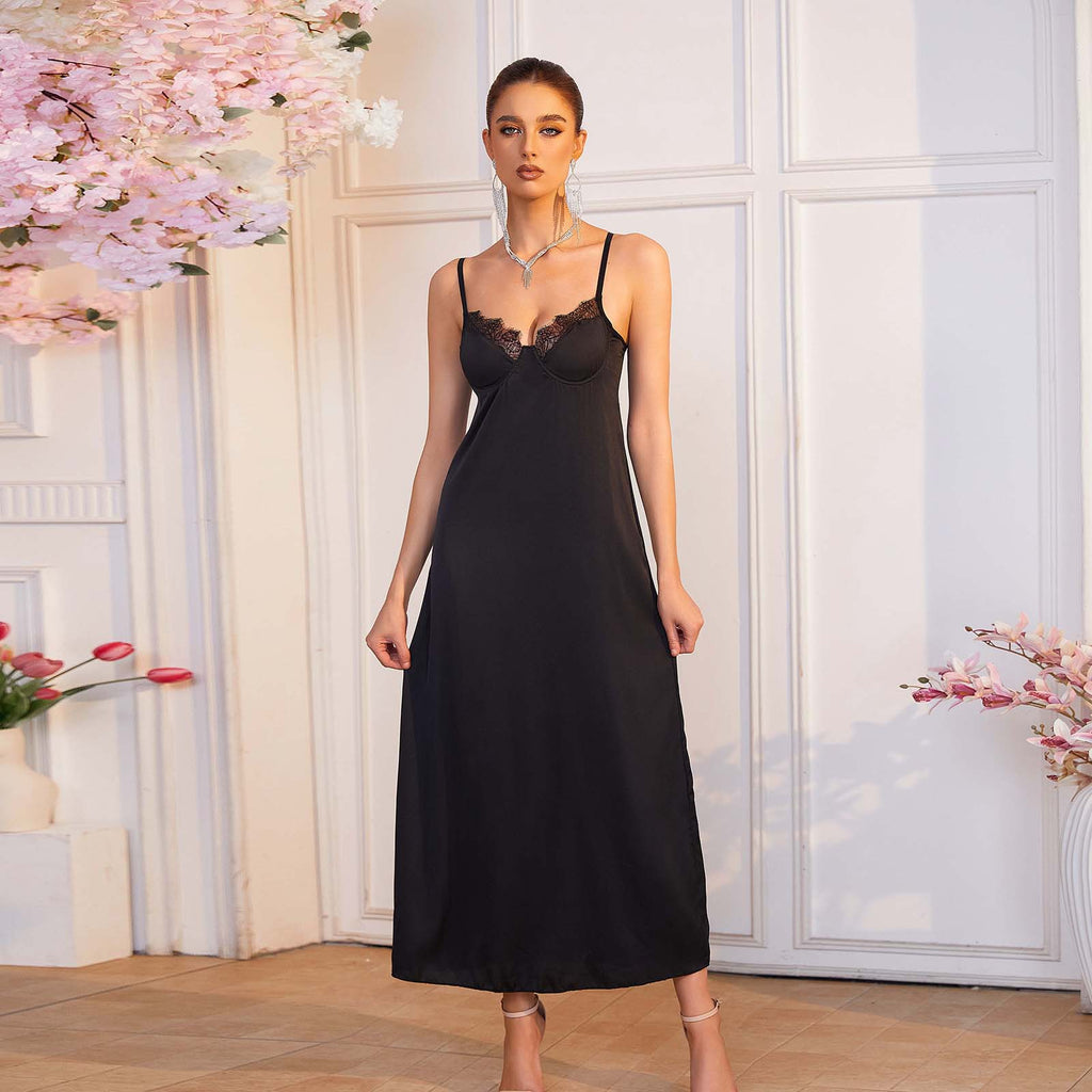 Women's High Grade Black Satin Slip Nightdress Women Memory Soft Underwire Lace Long Sexy Sleeping Dress