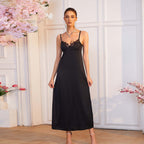 Women's High Grade Black Satin Slip Nightdress Women Memory Soft Underwire Lace Long Sexy Sleeping Dress