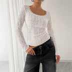 Lace U-Neck Long Sleeve Slim Fit Top