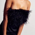 Women's Autumn Winter Backless Dress Feather Tube Top Sexy Irregular Asymmetric Swing Dress