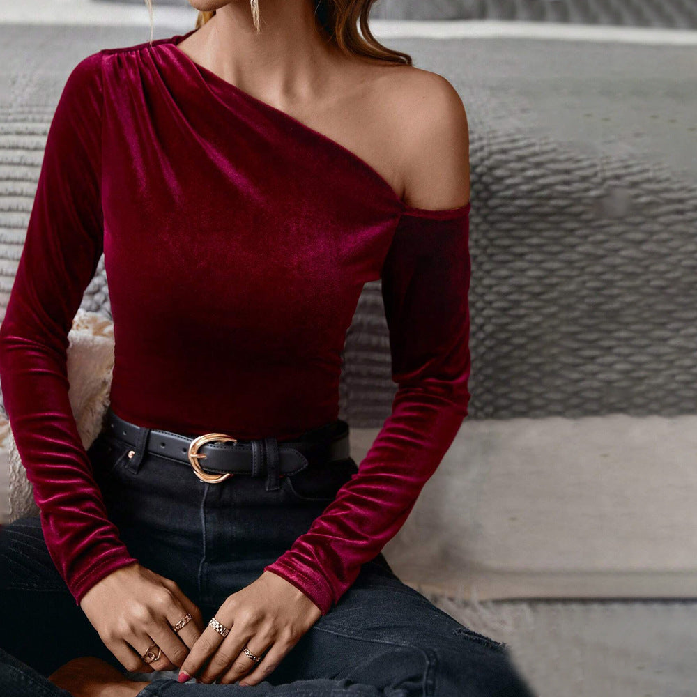 Women's Burgundy Asymmetric Velvet Long Sleeve Top