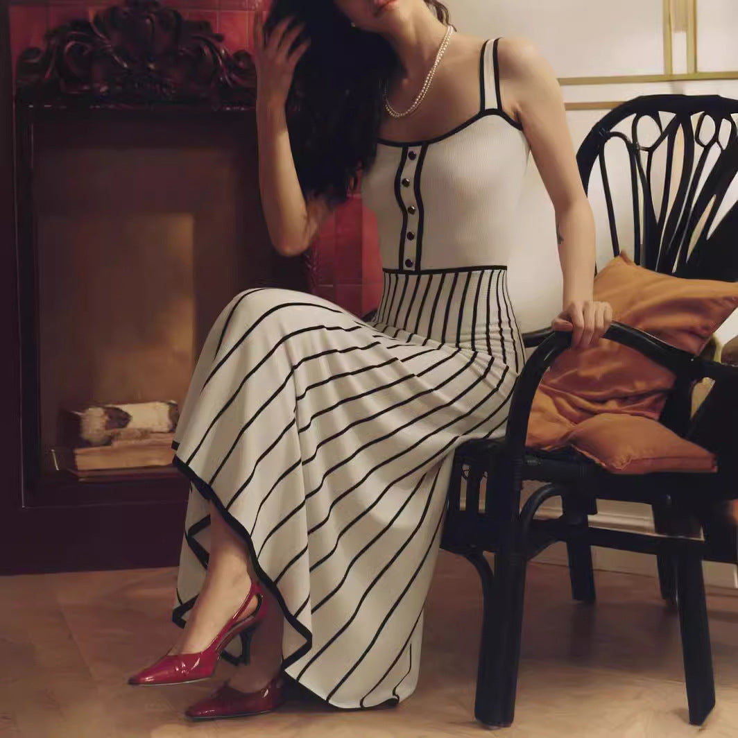 Retro Spaghetti Straps Striped Patchwork Knitting Color Dress