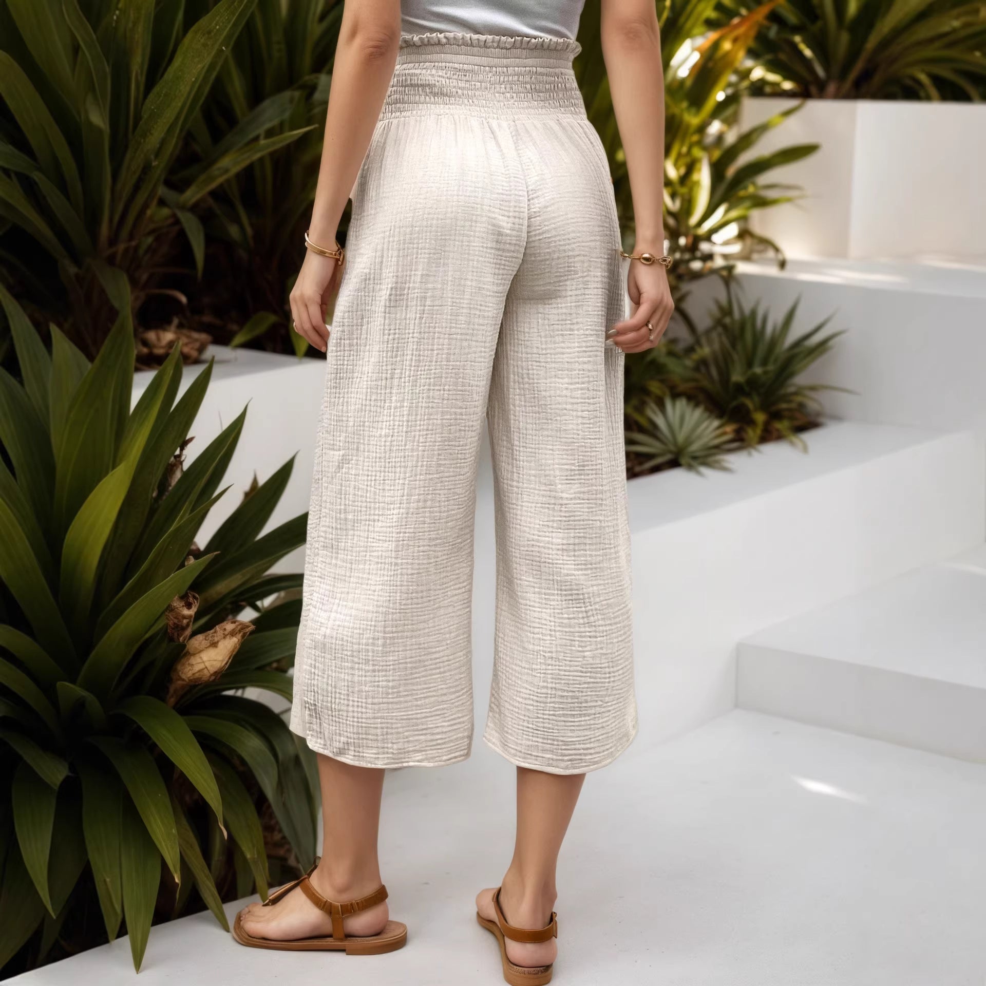 Spring Summer Women Clothing Smocking High Waist Cotton Linen Trousers Elastic Loose Elastic Casual Wide Leg Pants for Women