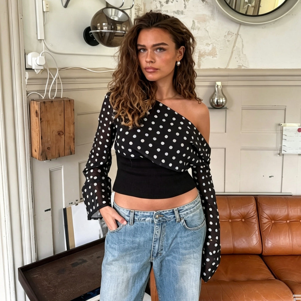 Women's One-Shoulder Polka Dot Ruched Top