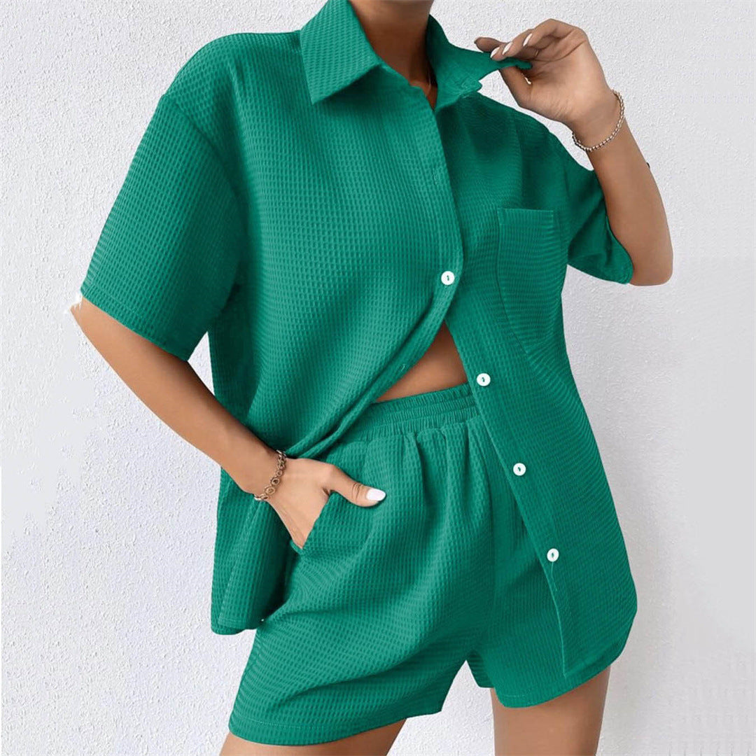 Women's Summer Suit Loose Casual Short-Sleeve Shirt Elastic Waist Shorts Two-Piece Set