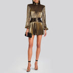 Luxury High End Cocktail Dress High Neck Long Sleeve Design Cross Pleated Waist Tight Dress