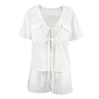 Summer Pure Cotton Thin Cardigan Lace up Short Sleeve Shorts Two Piece Set Ladies Homewear Breathable