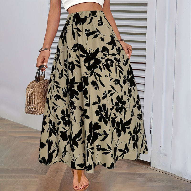 Elastic Waist Printed Long A Line Draping Pleated Skirt