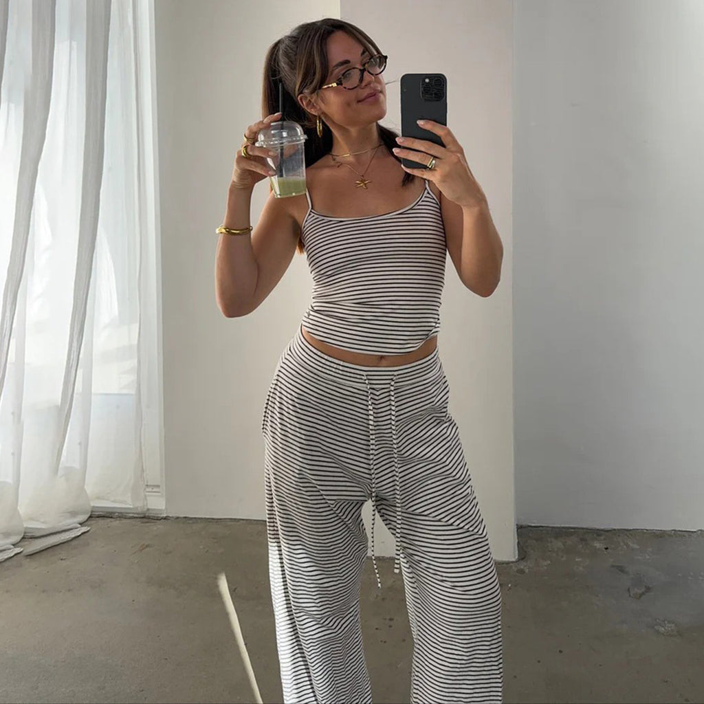 Casual Striped Spaghetti Straps Top Elastic Waistband Lace Up Trousers Home Pajamas