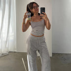 Casual Striped Spaghetti Straps Top Elastic Waistband Lace Up Trousers Home Pajamas