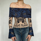 Women's Retro Butterfly Positioning Print Shoulder Bell Sleeve Top