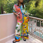 Graffiti Printing Satin Short Sleeve Collared Shirt Trousers Casual Two Piece Suit