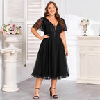 Women's Plus Size Double V neck Stretch Waist Short Mesh Evening Dress
