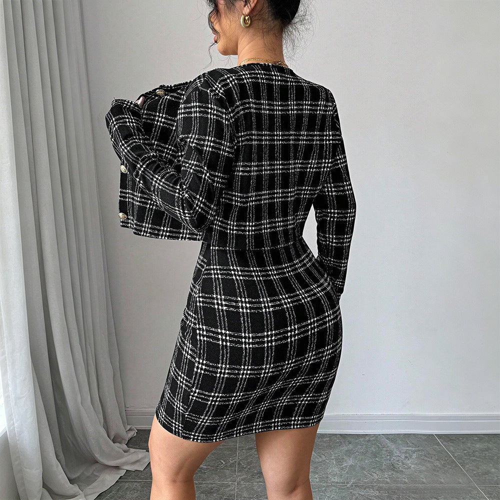Black White Lattice Pattern Waist Slimming Socialite Sexy