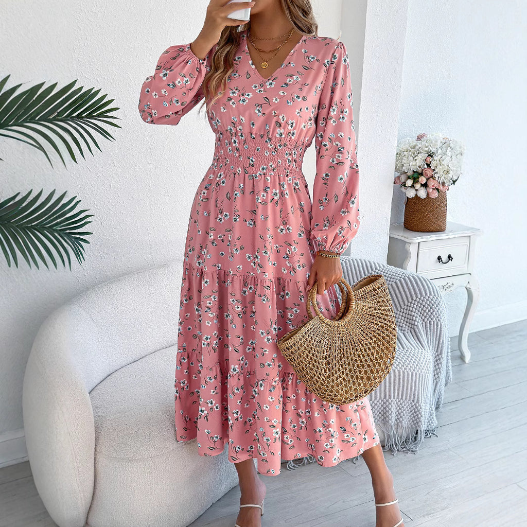 Floral V-Neck Ruffle A-Line Dress
