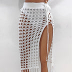 Women Clothing Sexy Cutout Woven Lace up Tassel Dress Split Beach Skirt