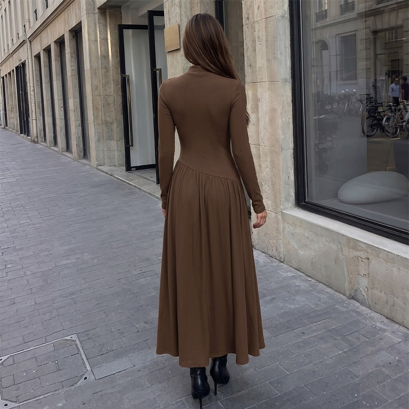Women's Stand-Collar Ruched Long Sleeve Maxi Dress