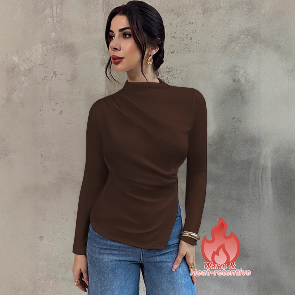Women's Pleated Mock Neck Long Sleeve Top