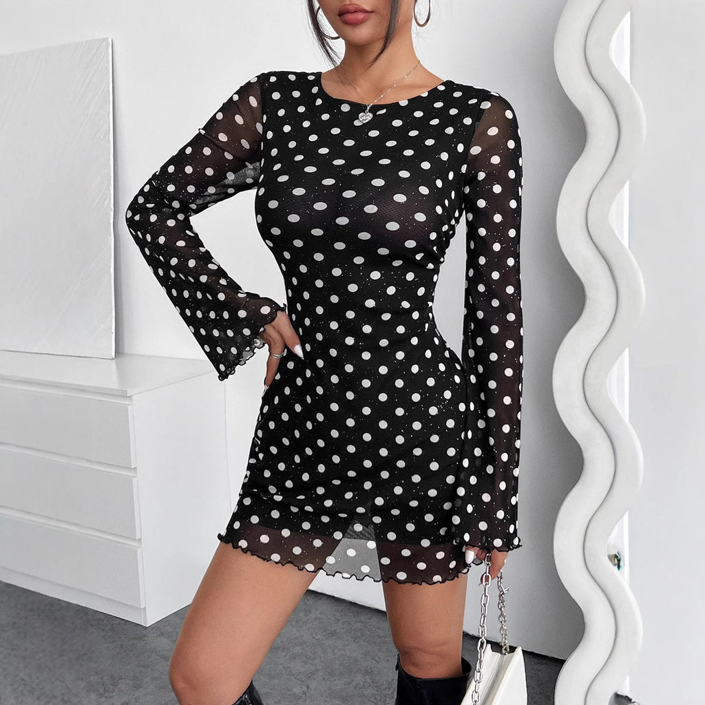 Polka Dot Backless Long-Sleeve Dress