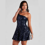 Women's Sexy Sequ Dress Summer One Shoulder Sequined Nightclub Party Dress