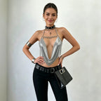 Women's Metal Chain Sequin Halter Crop Top