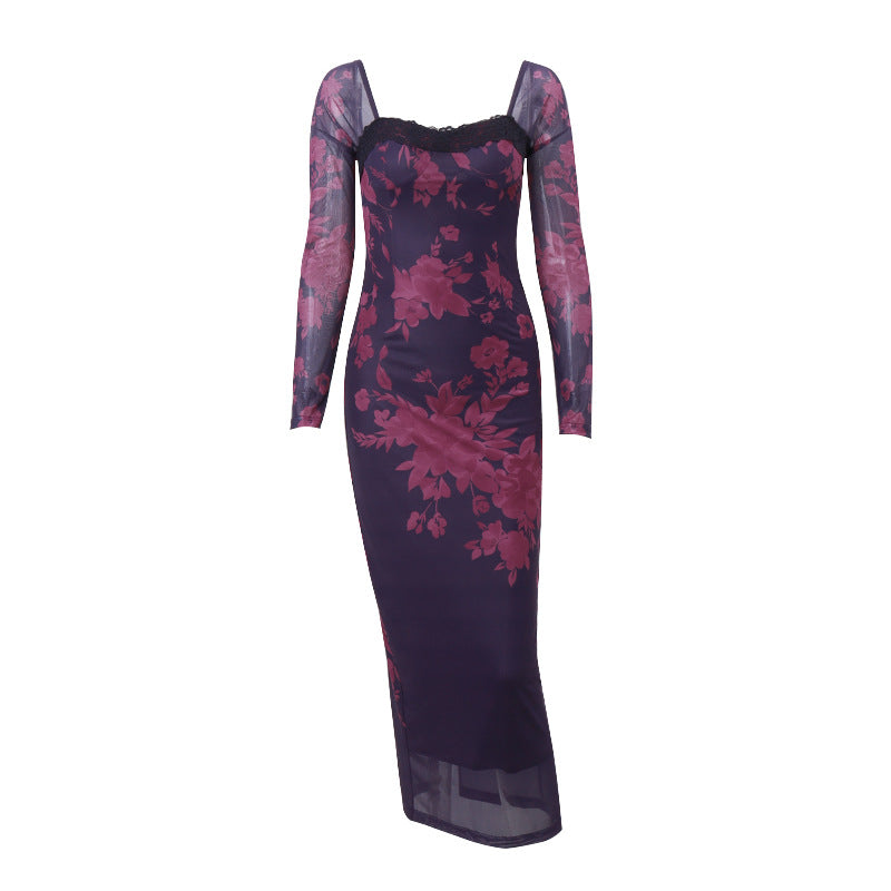 Vintage Printed Lace Tied Slit Long Sleeve Dress