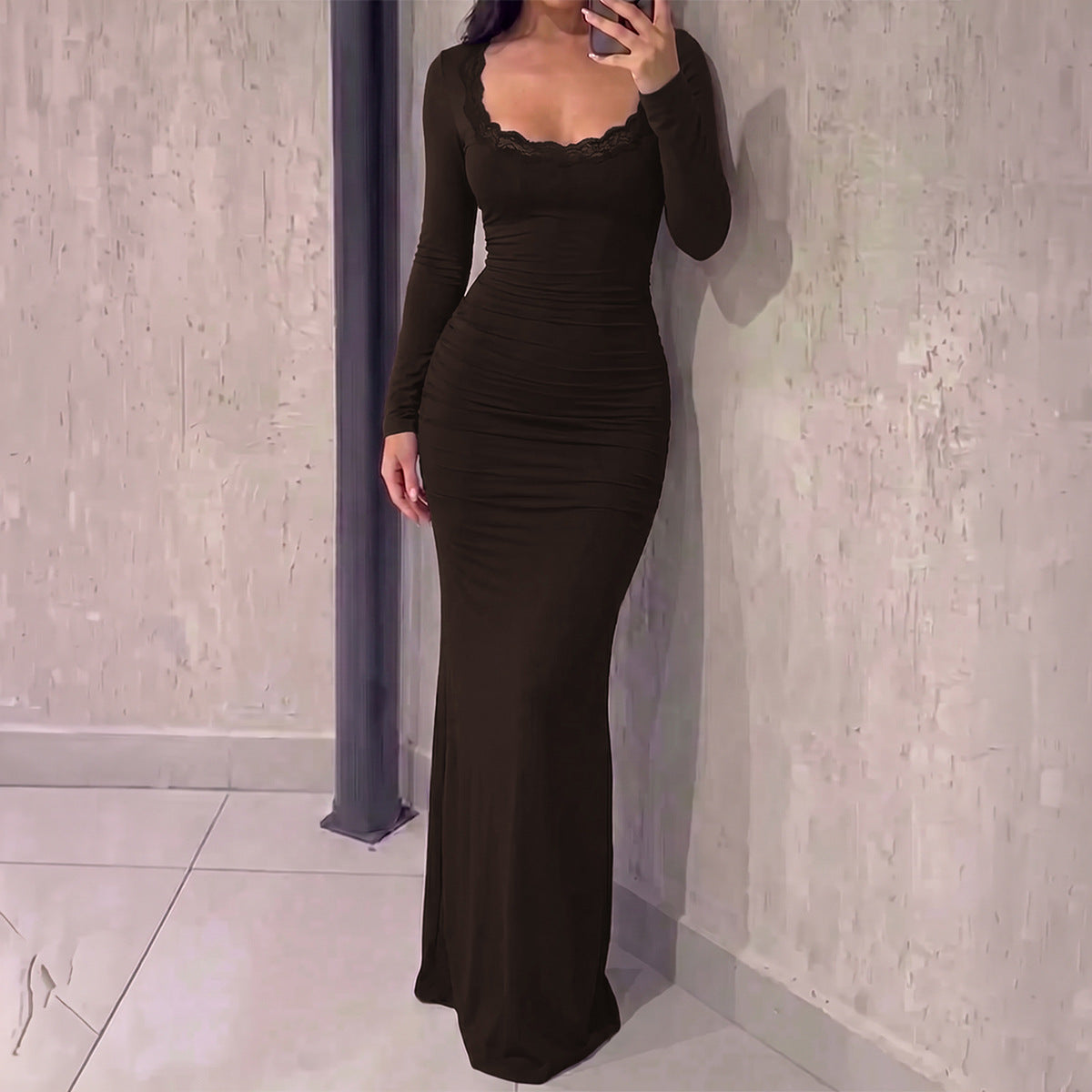 Autumn Young Lace V Neck Long Sleeve Dress