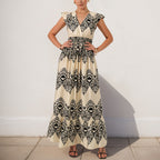 Women's Holiday Printed Dress Ethnic Casual V Neck High Waist Flying Sleeves