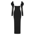 Women's Rhinestone Off-Shoulder Long Sleeve Slit Maxi Dress