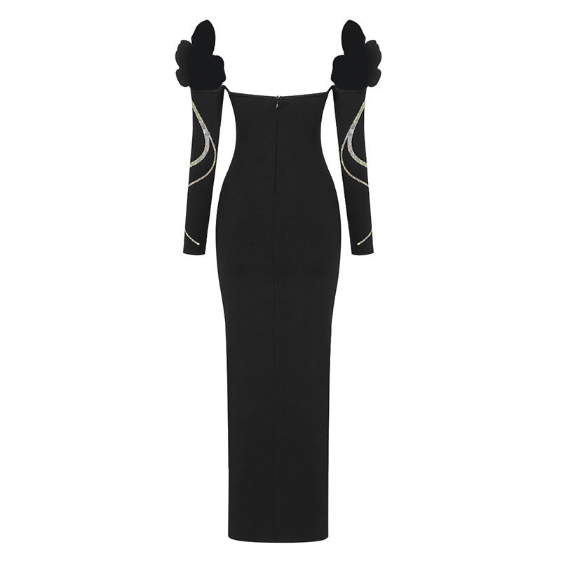 Women's Rhinestone Off-Shoulder Long Sleeve Slit Maxi Dress