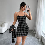 Black White Lattice Pattern Waist Slimming Socialite Sexy