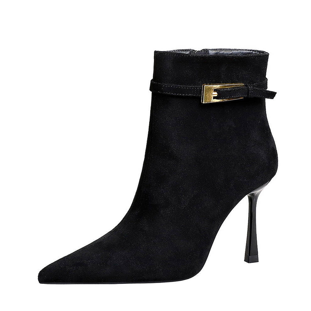 Women's Pointed-Toe Suede Buckle Stiletto Boots