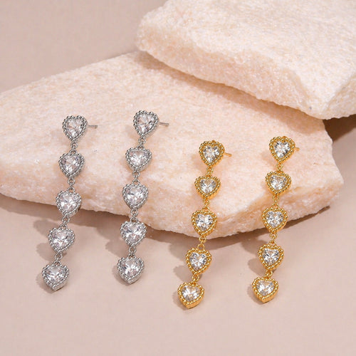 Stainless Steel Five Heart Shape with Diamond Long Earrings Women Dinner Party High Tassel Earrings