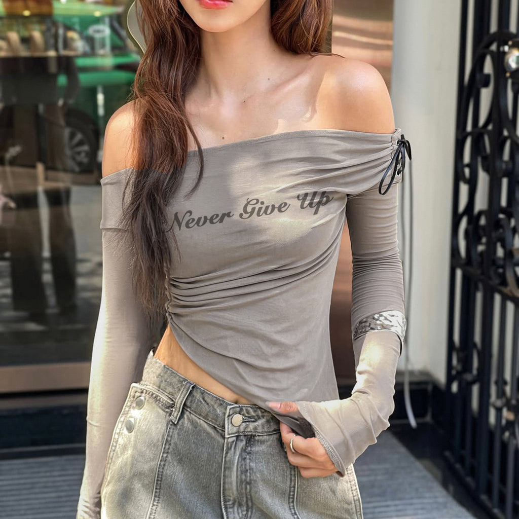 Printed Mesh Off-Shoulder Long Sleeve Top
