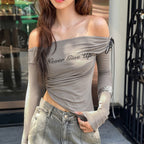 Printed Mesh Off-Shoulder Long Sleeve Top