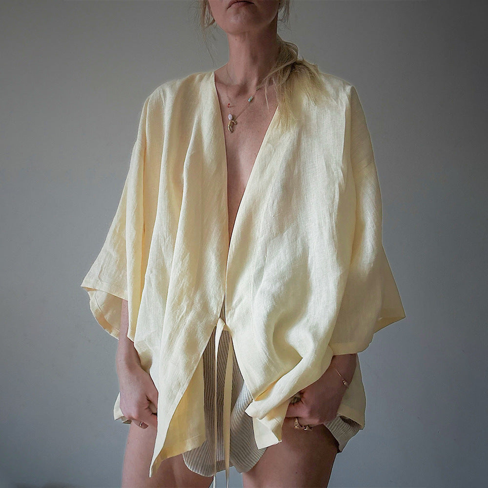 V-Neck Lace-Up Kimono Cardigan Shirt