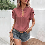Women's Summer Women Clothing Pullover V Neck Red Shirt Women