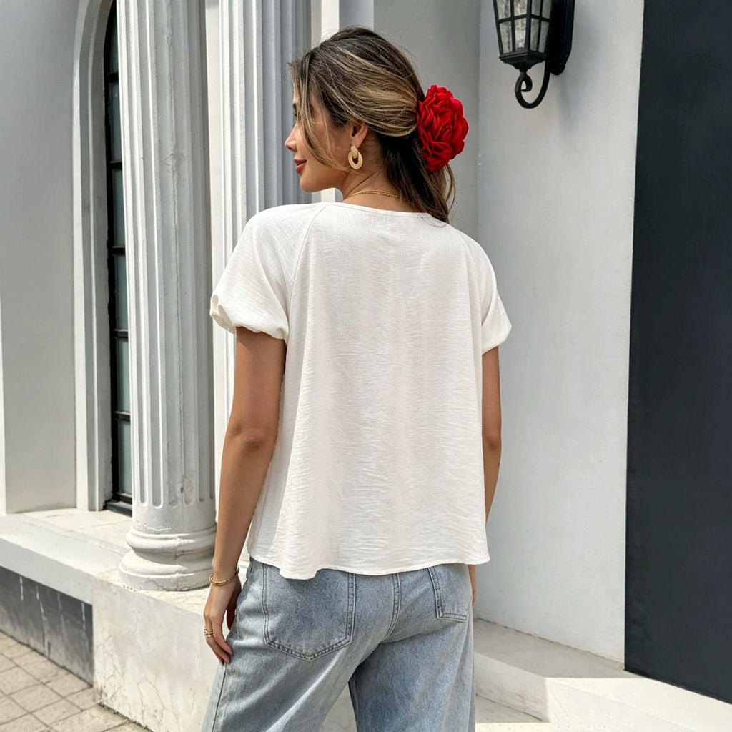 Puff Sleeve Short Sleeve T shirt Women U Collar Drawstring