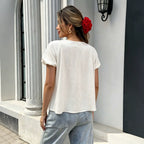 Puff Sleeve Short Sleeve T shirt Women U Collar Drawstring