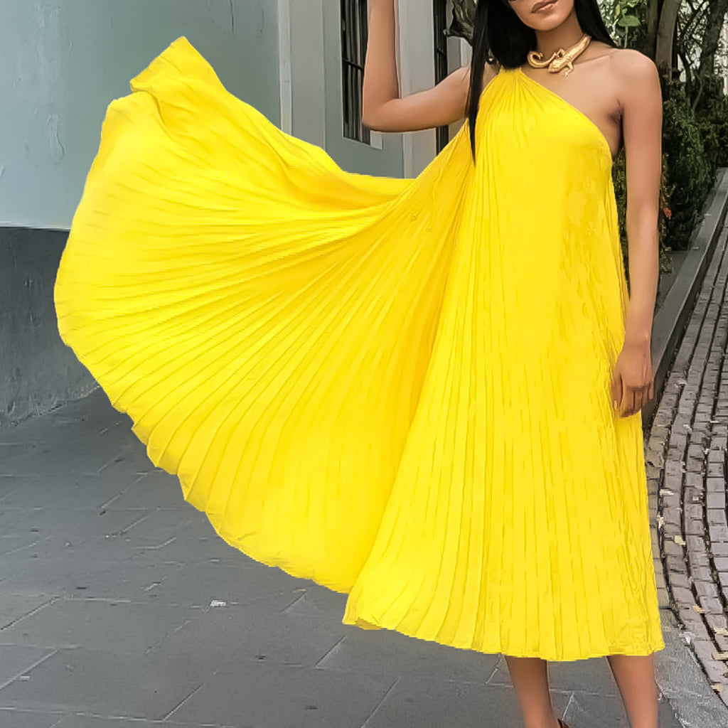 Women's Pleated One-Shoulder Sleeveless Dress