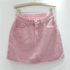 【moq-5 Packs】 Summer Heavy Embroidery Drilling Denim Skirt