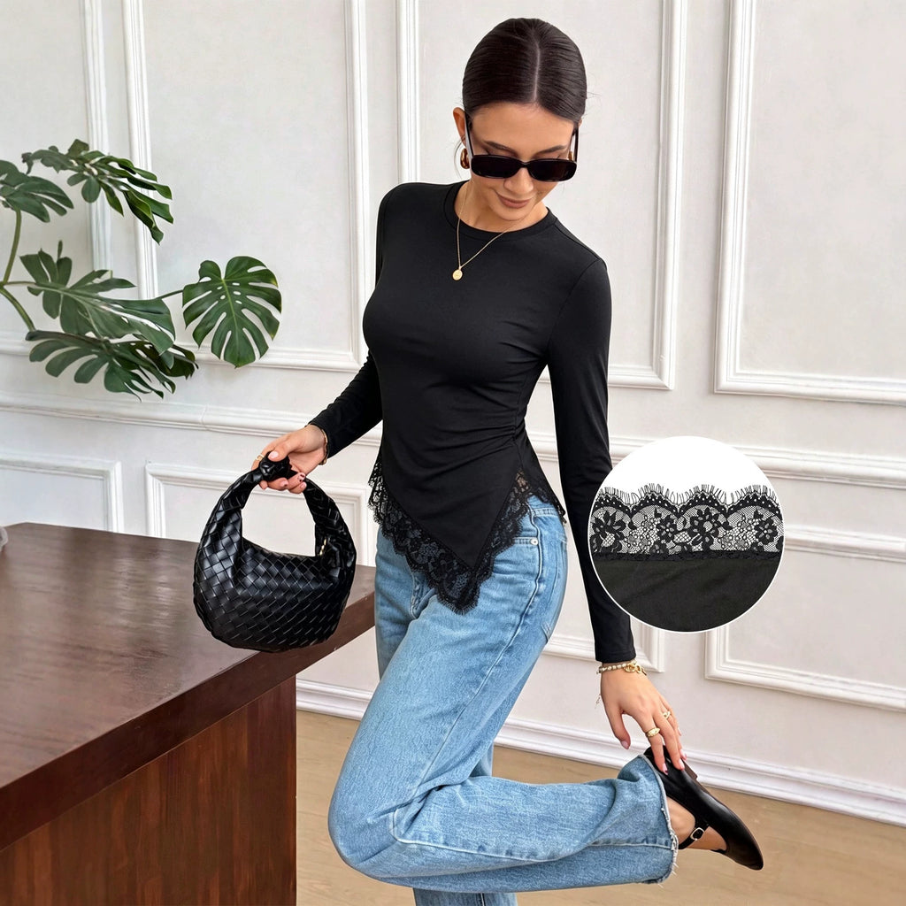 Women's Asymmetric Lace-Trim Long-Sleeve Top