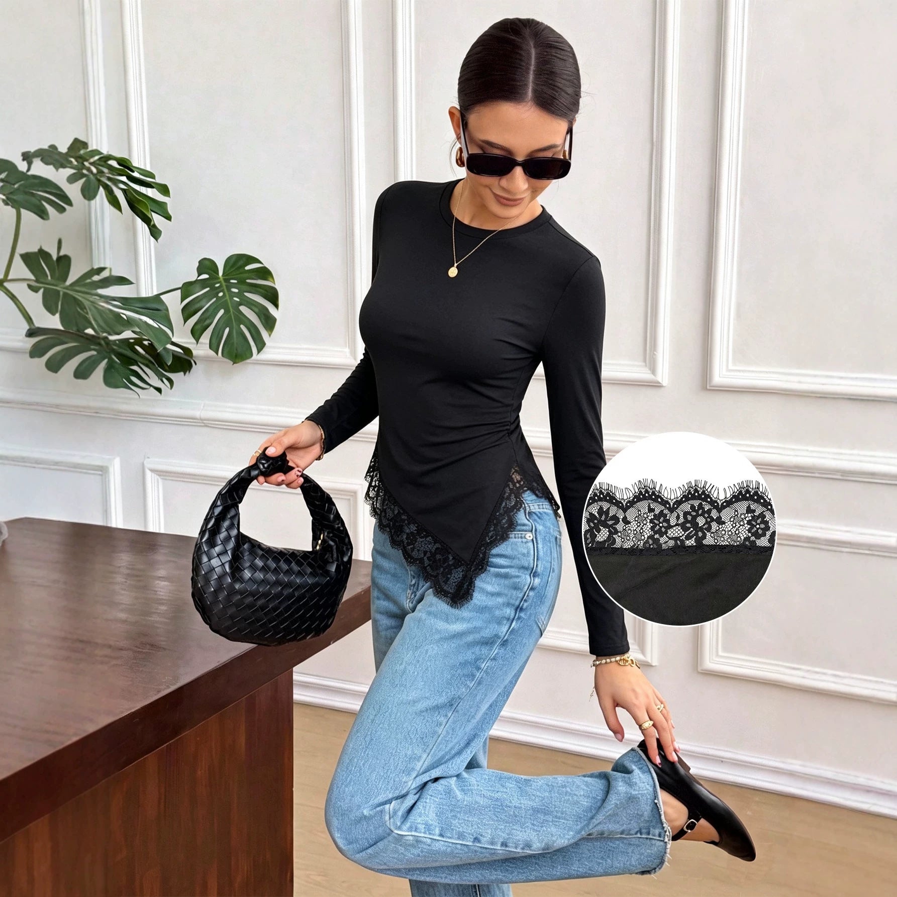 Women's Asymmetric Lace-Trim Long-Sleeve Top