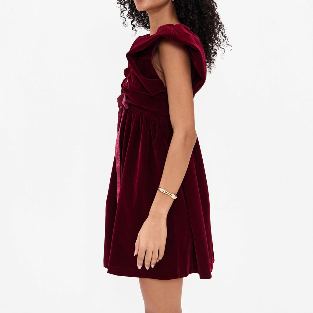 Velvet V-Neck Bow A-Line Mini Dress