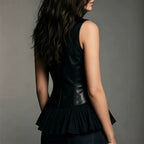 Women's Faux Leather Gothic V-Neck Ruffle Vest Top