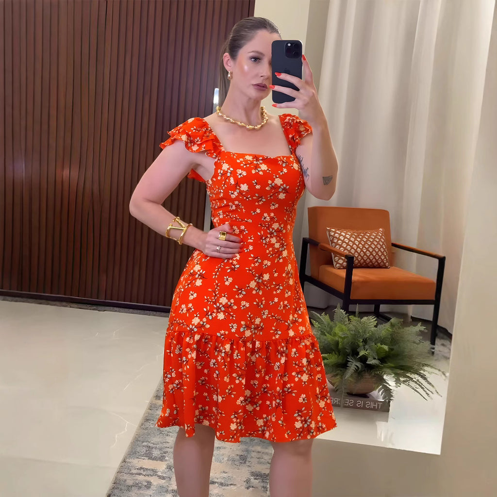 Printed Flounce-Sleeve Summer Dress