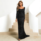Fishtail Off Neck Long Sleeved Mid Length Wedding Toast Dress
