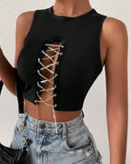's Rib Cropped Vest Crew Neck Hollow Out Cutout Rhinestone Lace