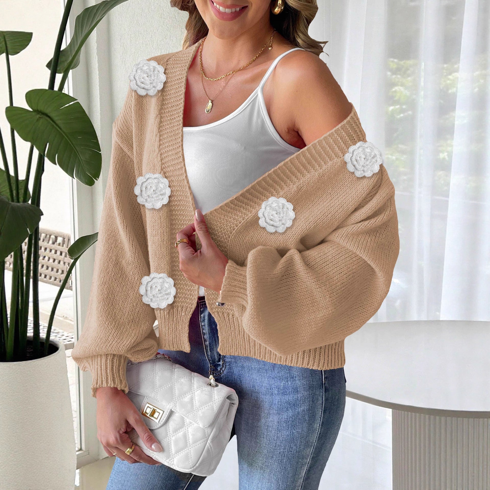 Women Cardigan Autumn Winter Three Dimensional Pure Crochet Stitching Sweater Coat